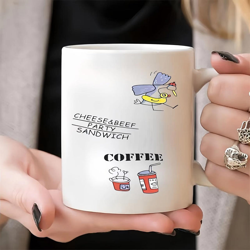 Tailorly White Ceramic 11 oz Mug - Cheeseabeef Party Sandwich Coffee Whimsical Hand Drawn Illustrations Featuring Playful Food And Flying Character Mug