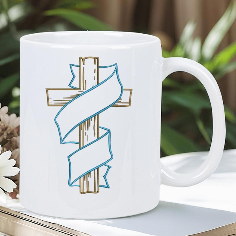 Tailorly White Ceramic 11 oz Mug - Rustic Wooden Texture With Blue Ribbon Wrapped Around A Graceful Cross