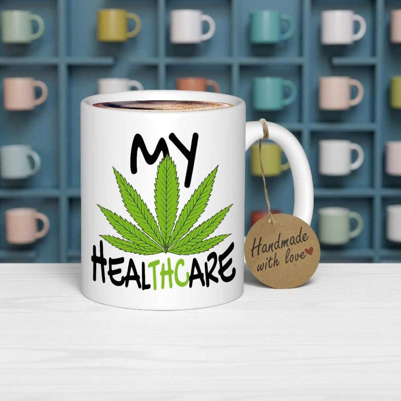 Tailorly White Ceramic 11 oz Mug - My Healthcare Vibrant Green Serrated Foliage Centered Within Artistic Bold Black Lettering Leaf