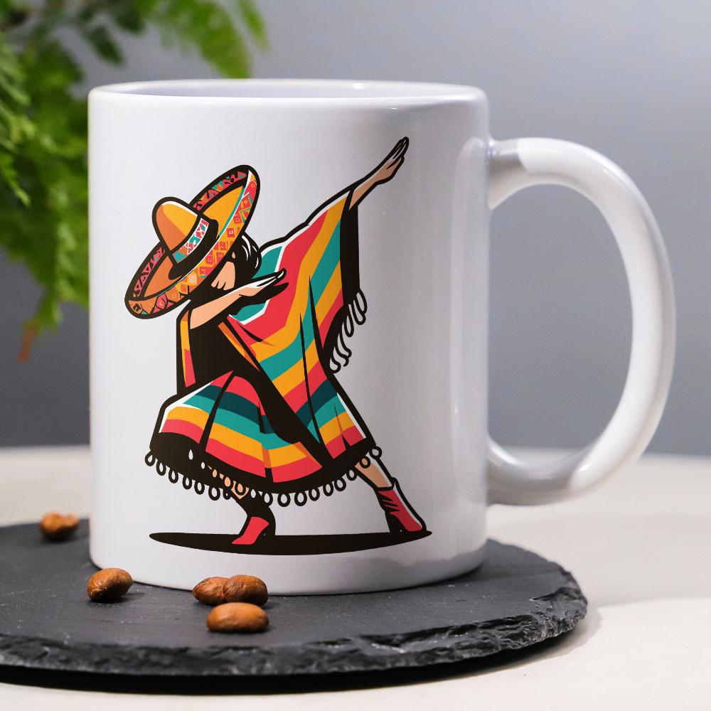 Tailorly White Ceramic 11 oz Mug - Colorful Traditional Poncho With Large Sombrero Dabbing In A Fun Pose Character