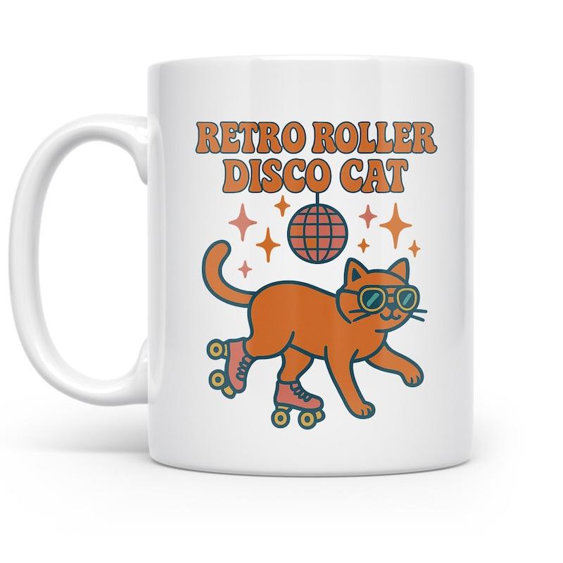 Tailorly White Ceramic 11 oz Mug - Retro Roller Disco Cat Orange Feline Wearing Sunglasses Skating Under A Glittering Disco Ball Cat