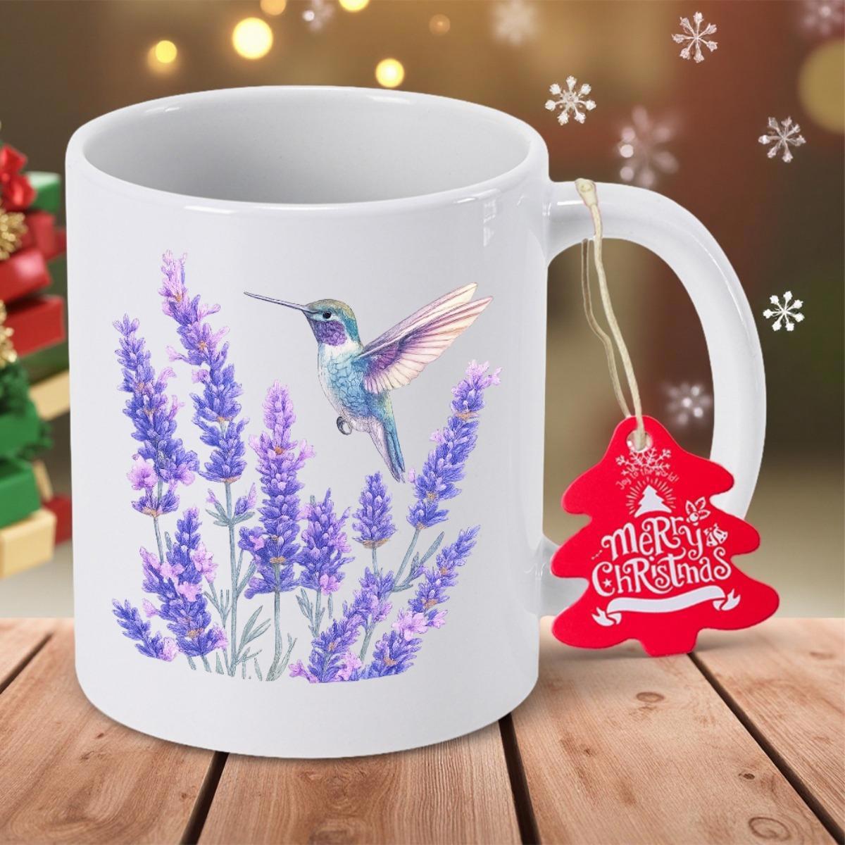 Tailorly White Ceramic 11 oz Mug - Vibrant Teal Bird Hovering Gracefully Among Blooming Purple Lavender Hummingbird