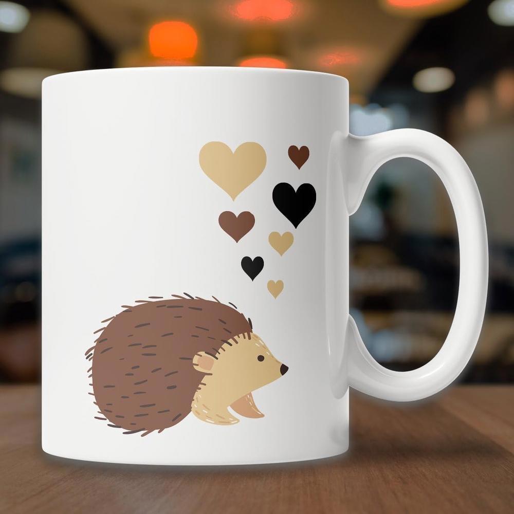Tailorly White Ceramic 11 oz Mug - Cute Small Cartoon Brown Animal With Floating Earthy Heart Shapes Hedgehog