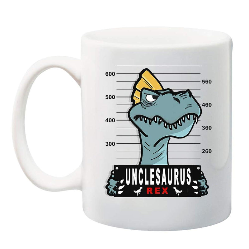 Tailorly White Ceramic 11 oz Mug - Unclesaurus Rex Grumpy Blue Cartoon Dinosaur Wearing Yellow Cap Before Police Lineup Grid Dinosaur