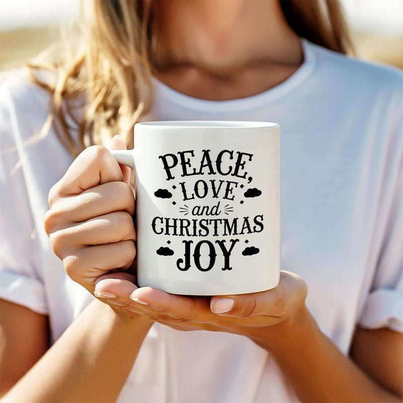 Tailorly White Ceramic 11 oz Mug - Peace Love And Christmas Joy Festive Black Lettering Decorated With Small Snowflakes And Dainty Ornamental Accents Mug