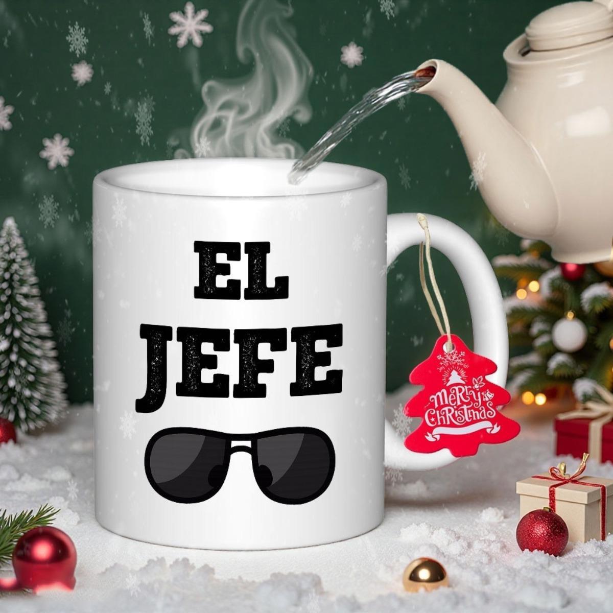 Tailorly White Ceramic 11 oz Mug - El Jefe Bold Textured Block Lettering Above Dark Classic Aviator Sunglasses