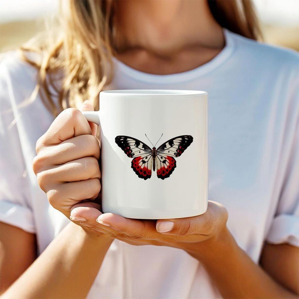 Tailorly White Ceramic 11 oz Mug - Elegant Symmetrical Nature Design With Red And Black Vibrant Patterns Butterfly