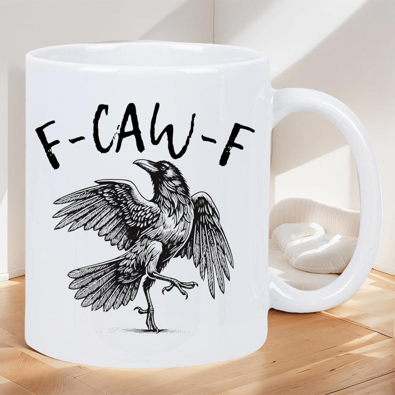 Tailorly White Ceramic 11 oz Mug - F Caw F Detailed Black Ink Drawing With Wide Outstretched Feathers And Dynamic Pose Raven