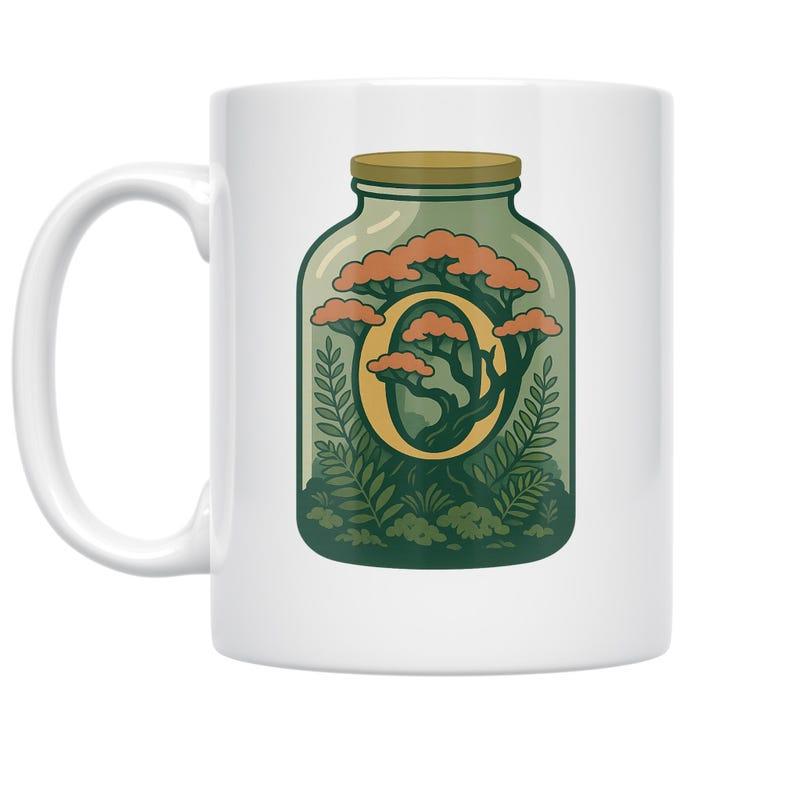Tailorly White Ceramic 11 oz Mug - Nature Inspired Letter O With Vibrant Bonsai Tree Inside Decorative Glass Jar