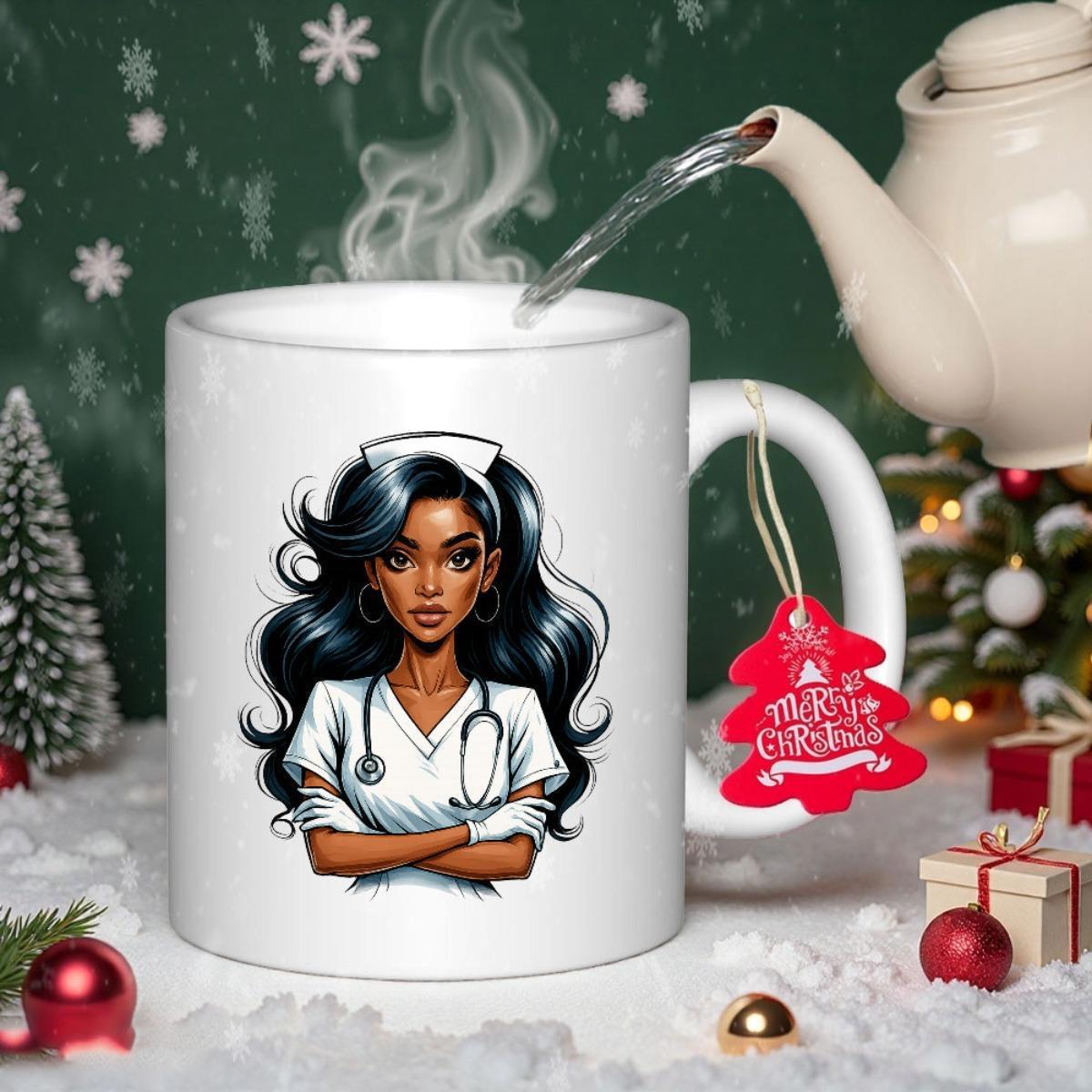Tailorly White Ceramic 11 oz Mug - Merry Christmas Beautiful Black Female Nurse Wearing White Scrub And Stethoscope Nurse