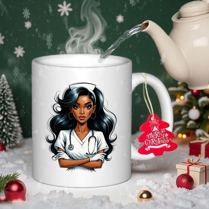 Tailorly White Ceramic 11 oz Mug - Merry Christmas Beautiful Black Female Nurse Wearing White Scrub And Stethoscope Nurse