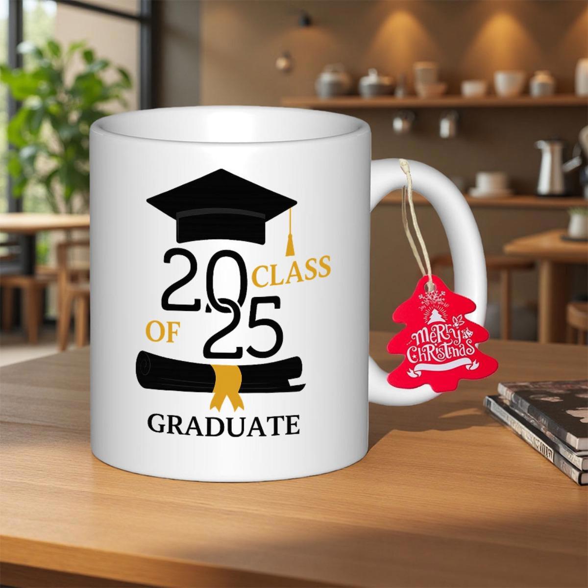 Tailorly White Ceramic 11 oz Mug - Class Of 2025 Graduate Elegant Black Tasseled Cap Resting Above A Ribboned Diploma Scroll Mortarboard