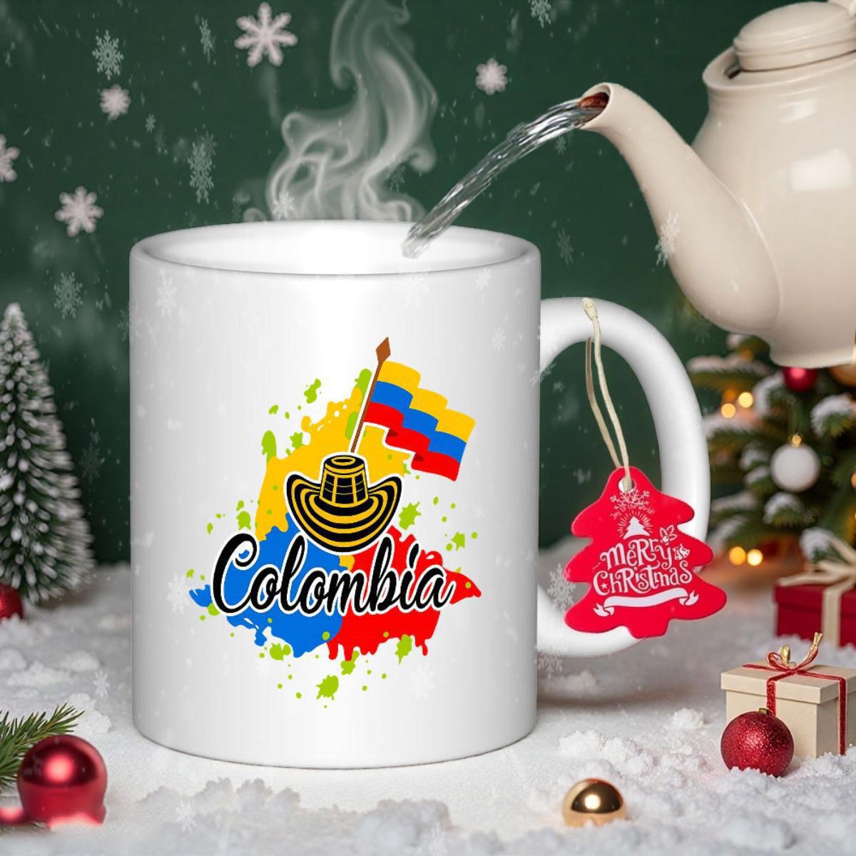 Tailorly White Ceramic 11 oz Mug - Colombia Vibrant Artistic National Flag Colors Over Cultural Traditional Hat Map