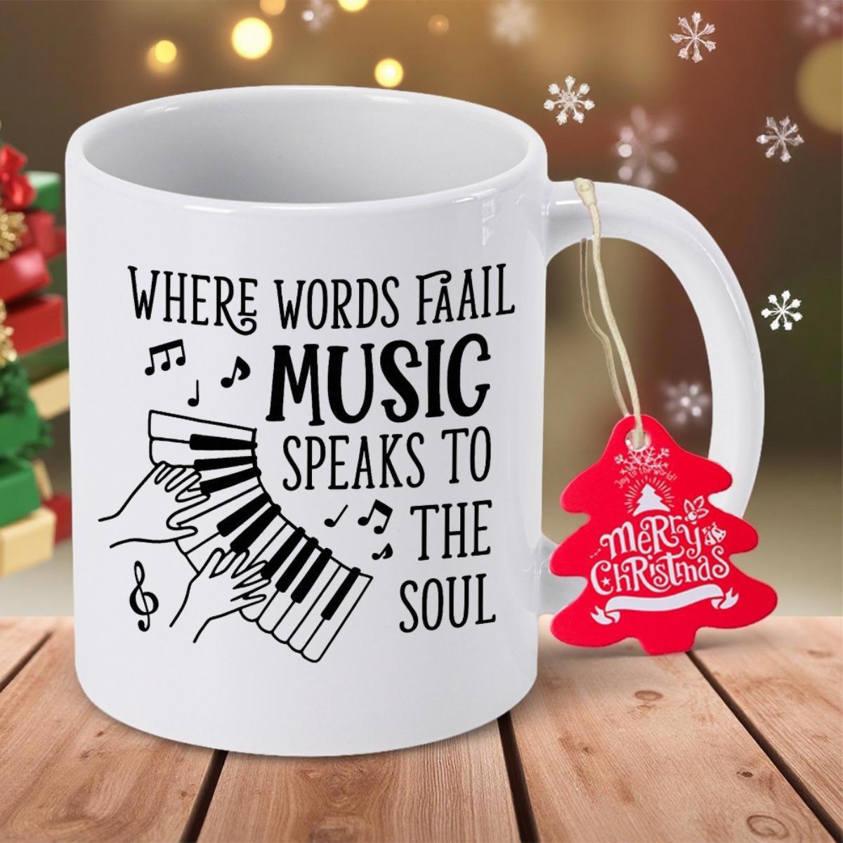 Tailorly White Ceramic 11 oz Mug - Where Words Fail Music Speaks To The Soul Graceful Hands Playing Melodic Keys Among Whimsical Floating Musical Notes Piano