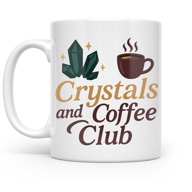 Tailorly White Ceramic 11 oz Mug - Crystals And Coffee Club Dark Green Pointed Crystals Beside A Steaming Hot Brown Morning Drink Mug
