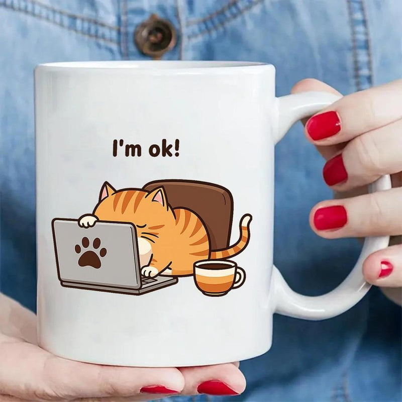 Tailorly White Ceramic 11 oz Mug - Im Ok Tired Orange Tabby Cat Working At Laptop With Hot Coffee Cat