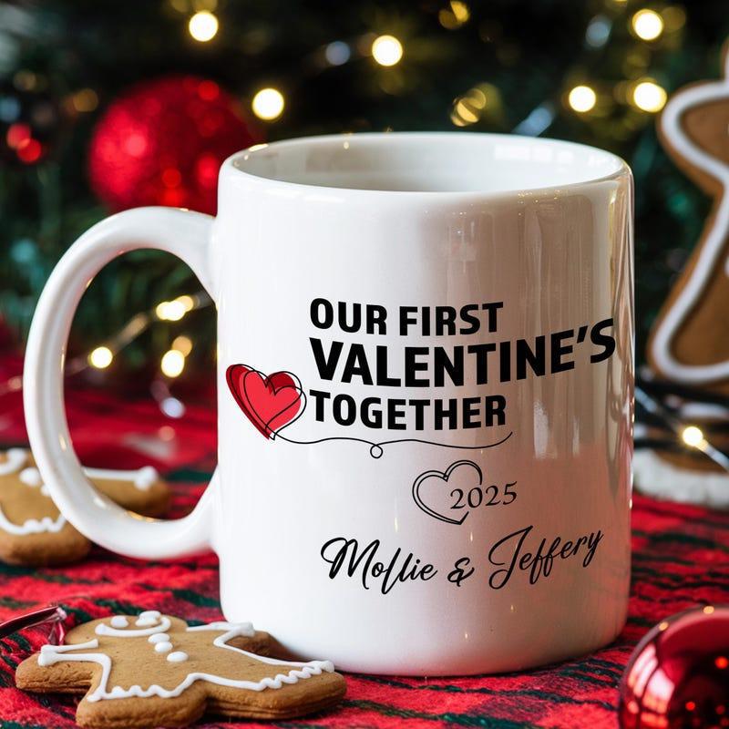 Tailorly White Ceramic 11 oz Mug - Our First Valentines Together Mollie Jeffery Vibrant Red Heart Connected By Delicate Lines And Small Outline Heart Heart