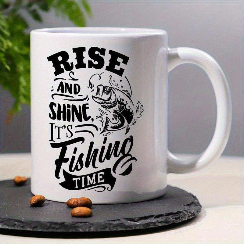 Tailorly White Ceramic 11 oz Mug - Rise And Shine Its Fishing Time Detailed Vintage Style Bass Jumping From Splashing Water Waves Fish
