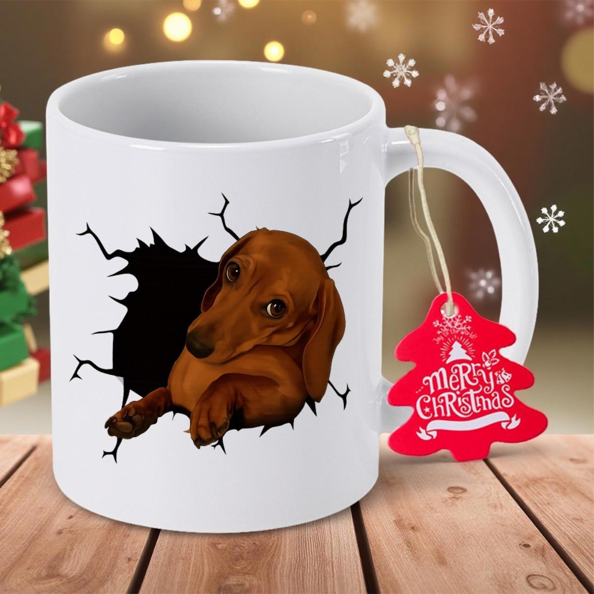 Tailorly White Ceramic 11 oz Mug - Merry Christmas Adorable Brown Puppy Peeking Through A Realistic Black Cracked Wall Effect Dachshund