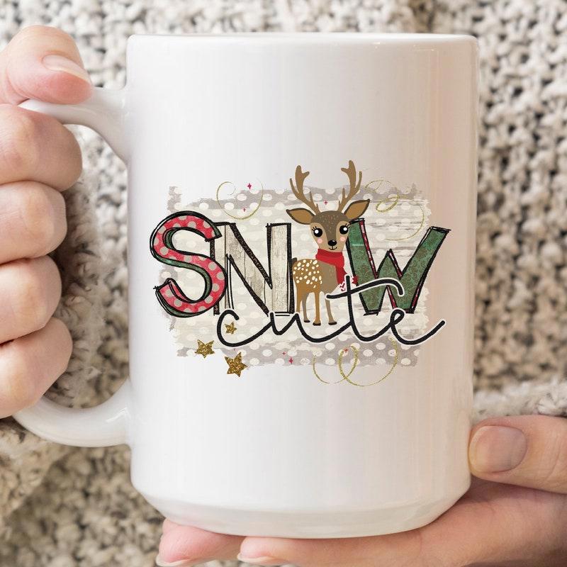 Tailorly White Ceramic 11 oz Mug - Snow Cute Festive Reindeer With Red Scarf Among Sparkling Golden Stars Deer