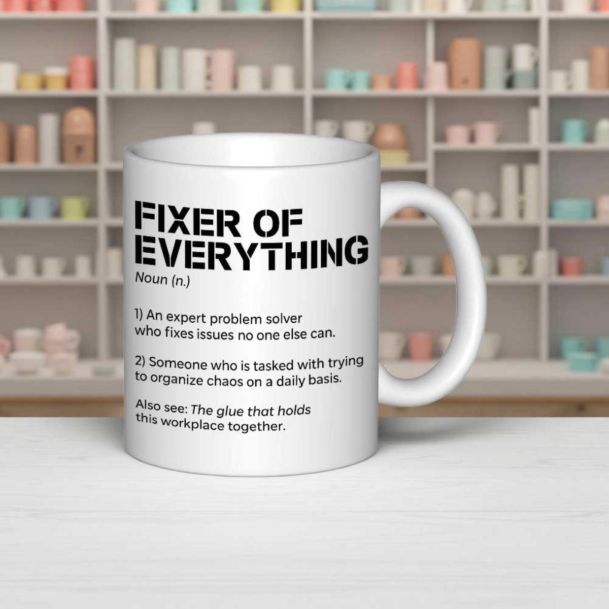 Tailorly White Ceramic 11 oz Mug - Fixer Of Everything Clean Minimalist Black Text Dictionary Style Layout Definition