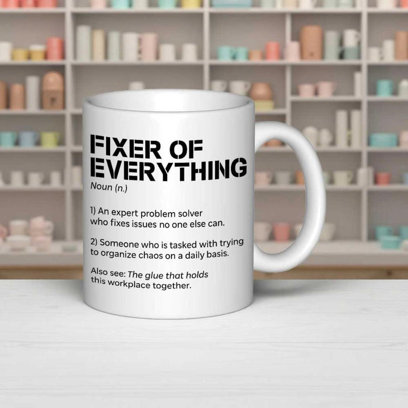 Tailorly White Ceramic 11 oz Mug - Fixer Of Everything Clean Minimalist Black Text Dictionary Style Layout Definition