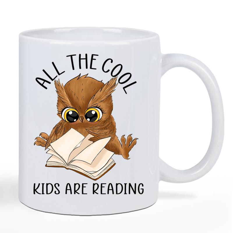 Tailorly White Ceramic 11 oz Mug - All The Cool Kids Are Reading Brown Feathery Bird Holding An Open Book With Expressive Large Eyes Owl