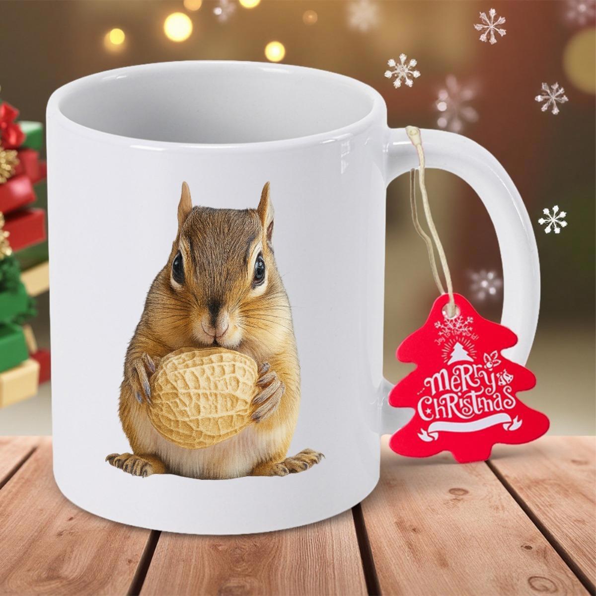 Tailorly White Ceramic 11 oz Mug - Merry Christmas Cute Furry Small Animal Holding Large Nut In Paws Squirrel