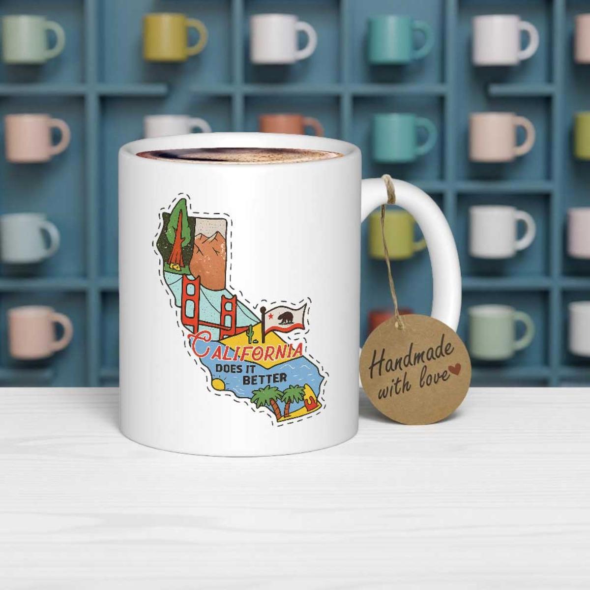 Tailorly White Ceramic 11 oz Mug - California Does It Better Vibrant Hand Drawn Icons Showcasing Famous Golden State Landmarks Scenic Map