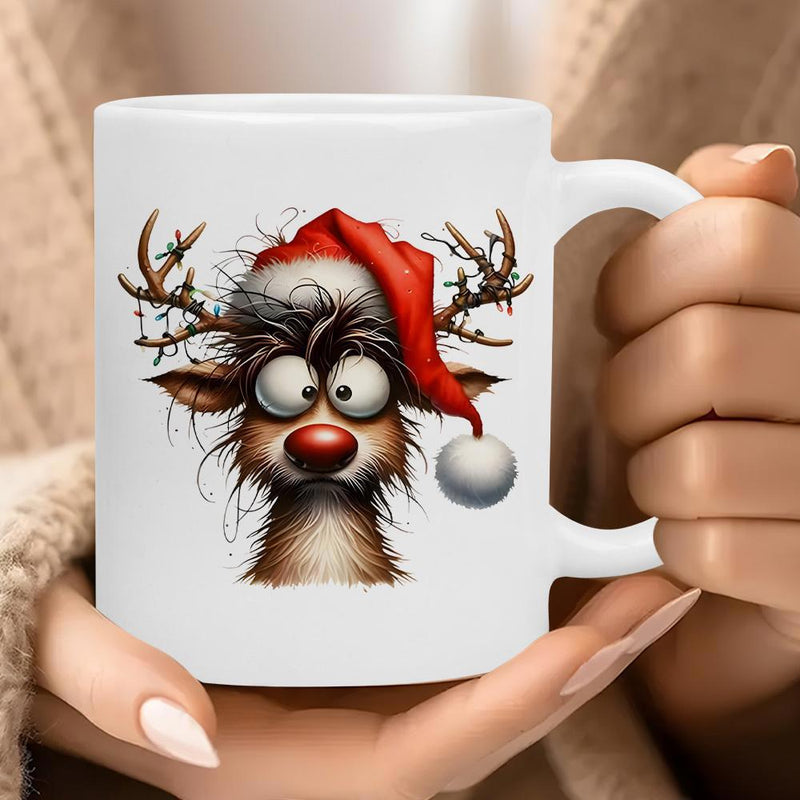Tailorly White Ceramic 11 oz Mug - Festive Scruffy Cartoon Character Wearing Red Santa Hat With Twinkling Lights Reindeer