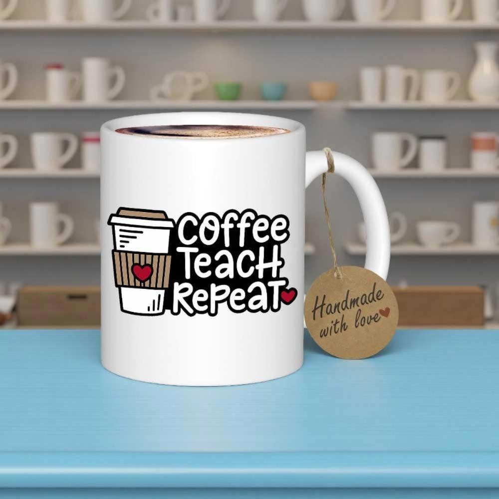 Tailorly White Ceramic 11 oz Mug - Coffee Teach Repeat Artistic Hand Drawn Takeout Coffee Cup With Small Red Hearts Mug