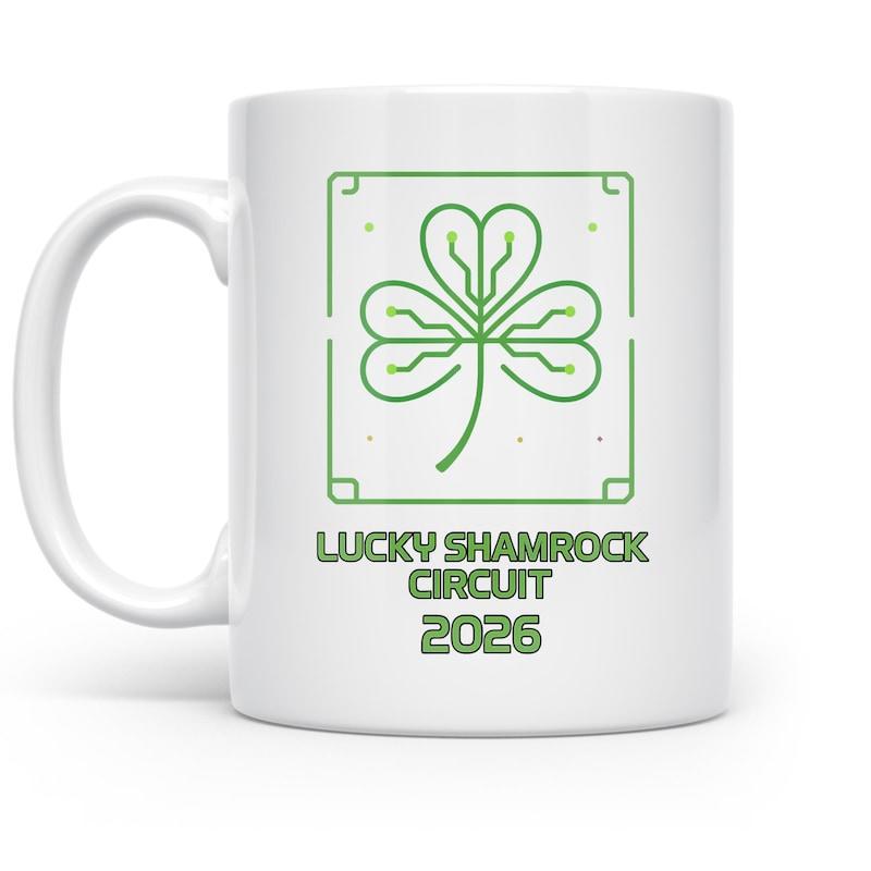 Tailorly White Ceramic 11 oz Mug - Lucky Shamrock Circuit 2026 Minimalist Green Line Art Inspired By Electronic Circuit Board Shamrock