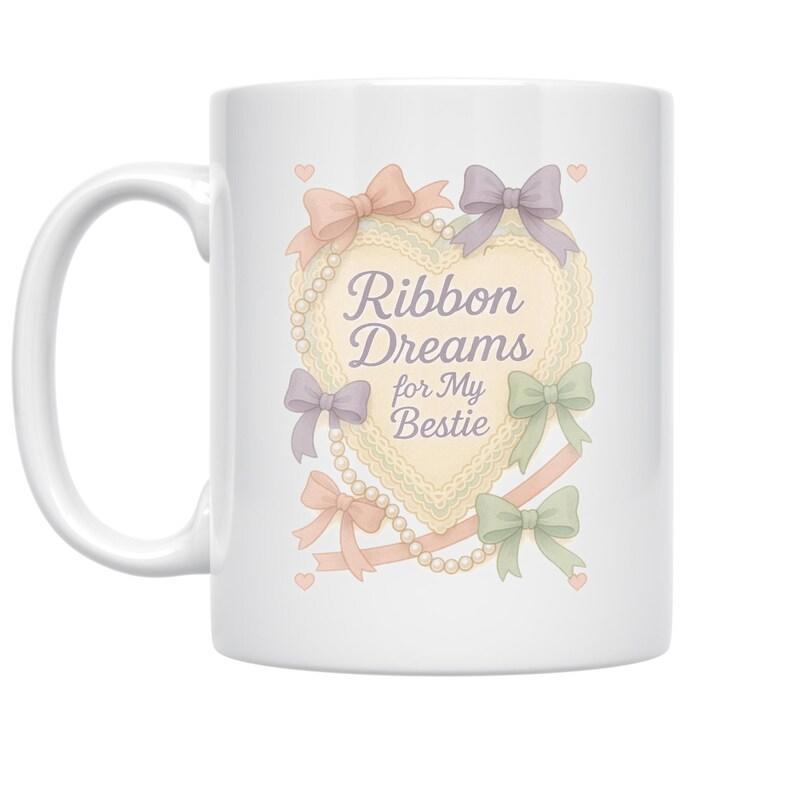 Tailorly White Ceramic 11 oz Mug - Ribbon Dreams For My Bestie Sweet Pastel Ribbons Decorated With Elegant White Pearl Chain Heart