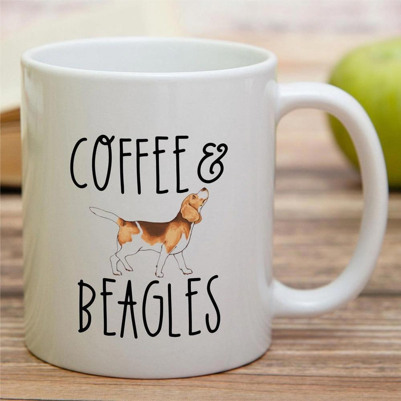 Tailorly White Ceramic 11 oz Mug - Coffee Beagles Cute Brown And White Standing Hound Among Decorative Hand Drawn Text Beagle