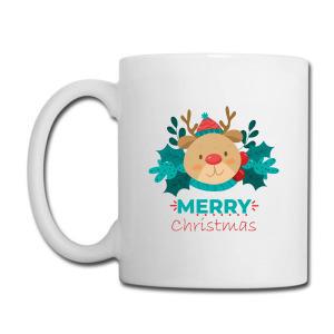 Tailorly White Ceramic 11 oz Mug - Merry Christmas Adorable Festive Character Wearing Knit Hat Among Green Holiday Holly Leaves Reindeer