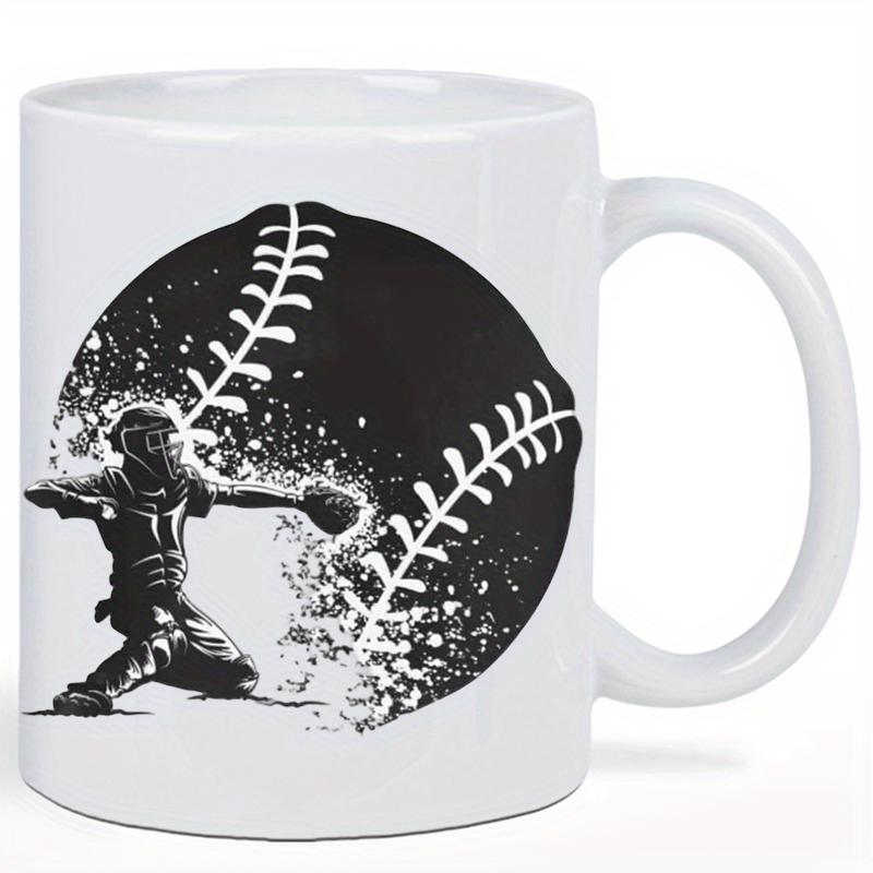 Tailorly White Ceramic 11 oz Mug - Artistic Silhouette Catcher Playing With Grungy Splatter Style Large Iconic Baseball