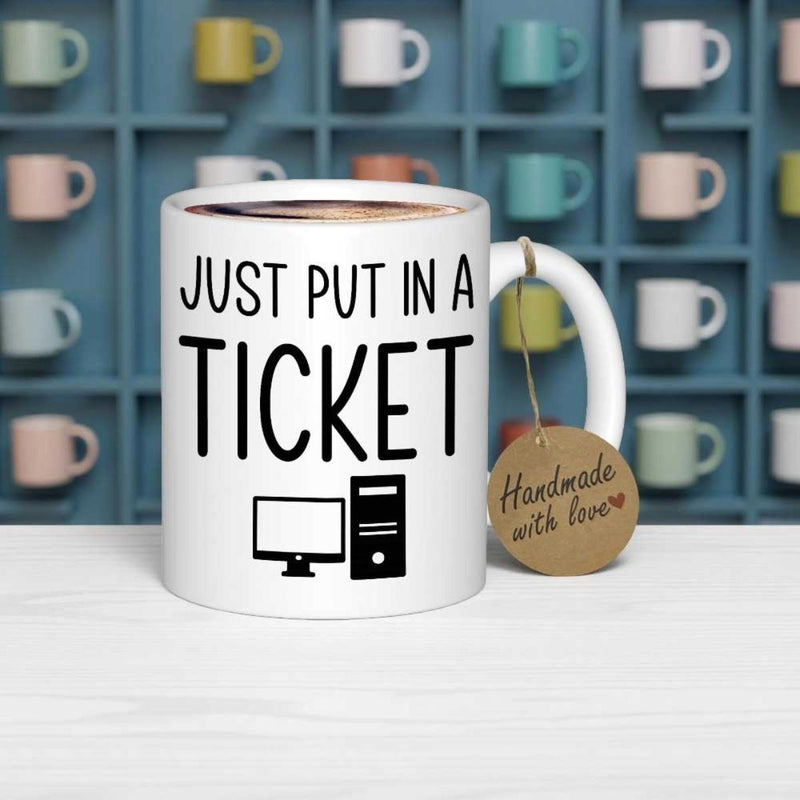 Tailorly White Ceramic 11 oz Mug - Just Put In A Ticket Modern Minimalist Desktop Workstation Icon Displayed On A White Ceramic Computer