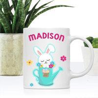 Tailorly White Ceramic 11 oz Mug - Madison Cute White Bunny Sitting Inside A Watering Can Among Spring Flowers Rabbit