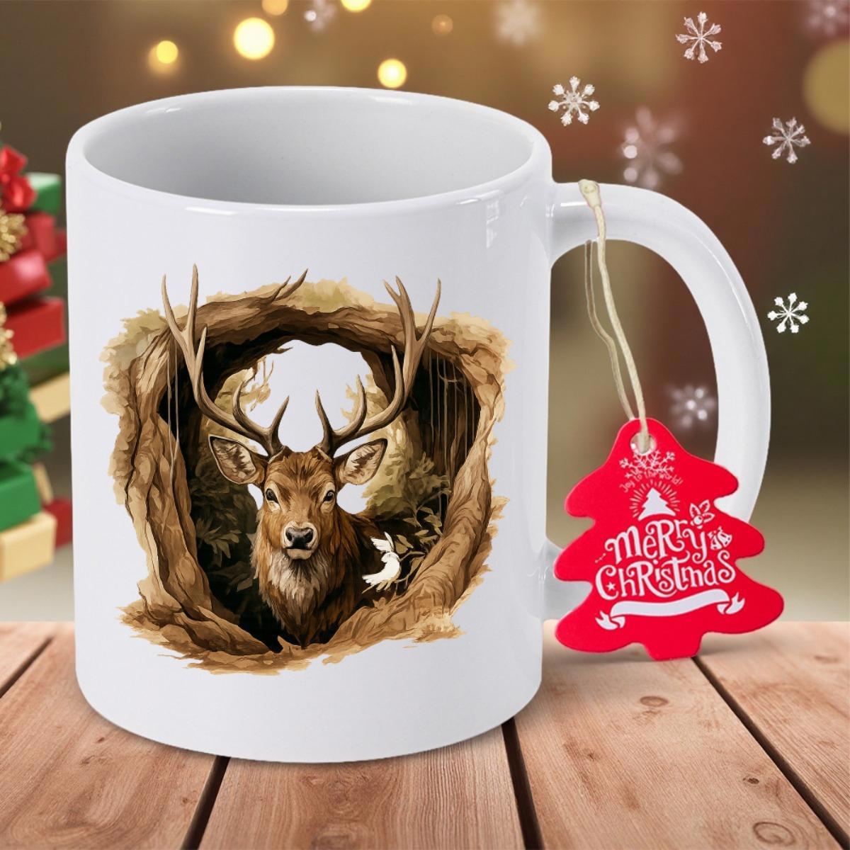 Tailorly White Ceramic 11 oz Mug - Merry Christmas Majestic Horned Animal Resting Within A Detailed Rustic Wooden Frame Stag