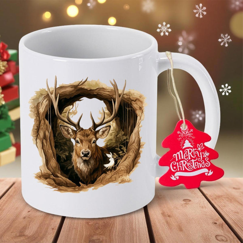 Tailorly White Ceramic 11 oz Mug - Merry Christmas Majestic Horned Animal Resting Within A Detailed Rustic Wooden Frame Stag