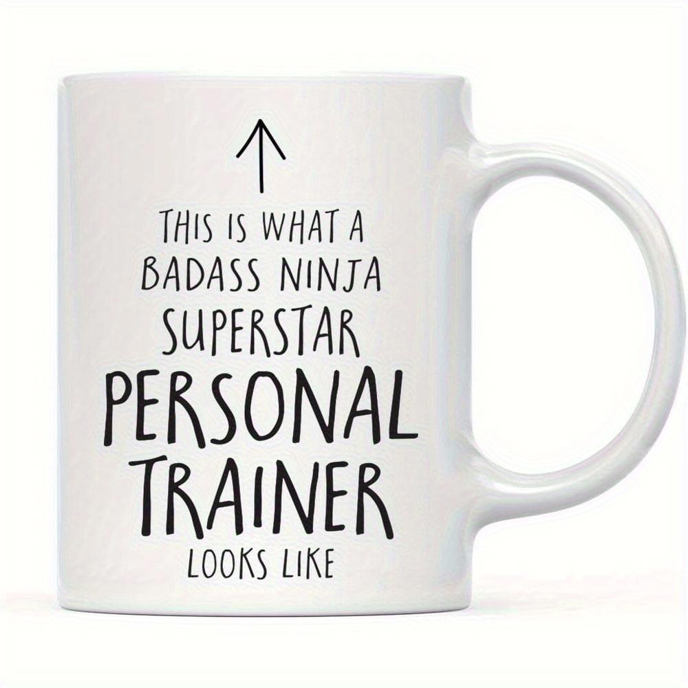 Tailorly White Ceramic 11 oz Mug - This Is What A Badass Ninja Superstar Personal Trainer Looks Like Minimalist Black Ink Line Illustration Of A Simple Upward