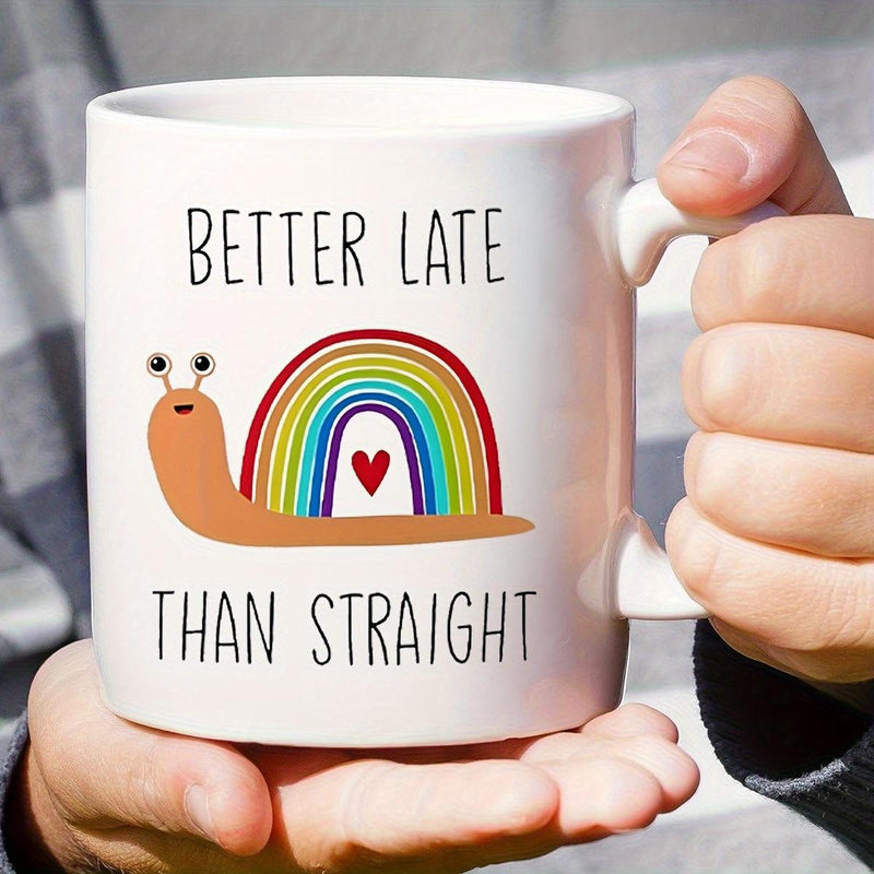 Tailorly White Ceramic 11 oz Mug - Better Late Than Straight Smiling Cartoon Snail With Vibrant Rainbow Shell And Heart Detail Snail