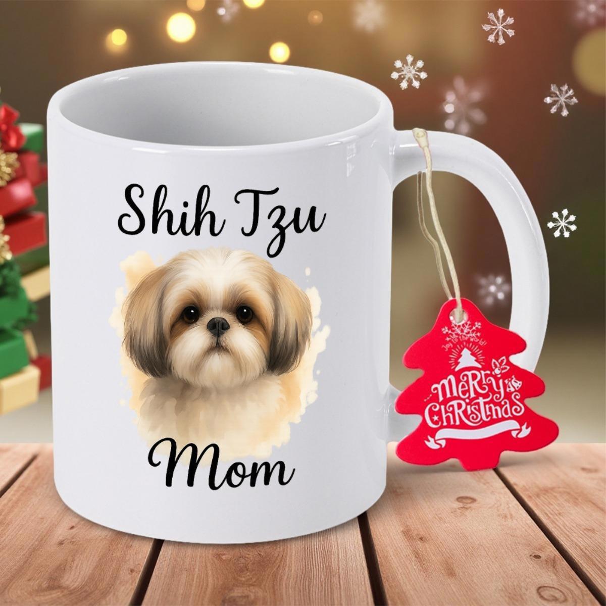 Tailorly White Ceramic 11 oz Mug - Shih Tzu Mom Merry Christmas Elegant Fluffy Pet Portrait Among Festive Christmas Holiday Elements Shih Tzu
