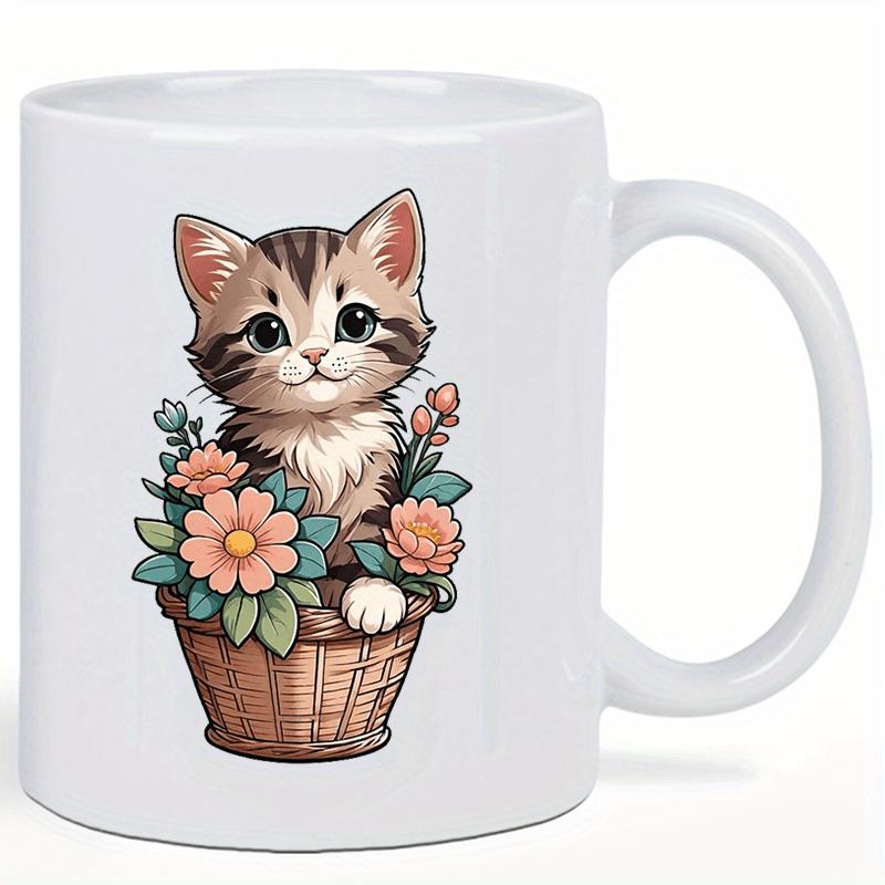 Tailorly White Ceramic 11 oz Mug - Sweet Little Kitten Sitting In A Basket Surrounded By Spring Blossoms Cat