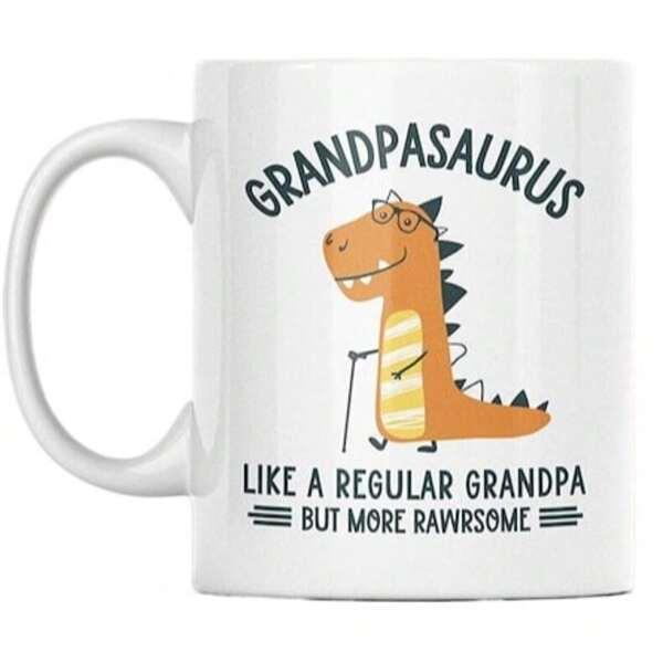 Tailorly White Ceramic 11 oz Mug - Grandpasaurus Like A Regular Grandpa But More Rawrsome Wearing Glasses And Walking With A Cane Cute Orange Dinosaur