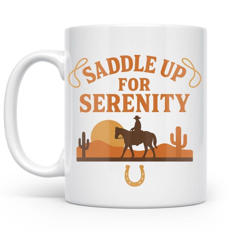 Tailorly White Ceramic 11 oz Mug - Saddle Up For Serenity Lone Cowboy Riding Through Arid Desert Sunset With Saguaro Cacti Horse