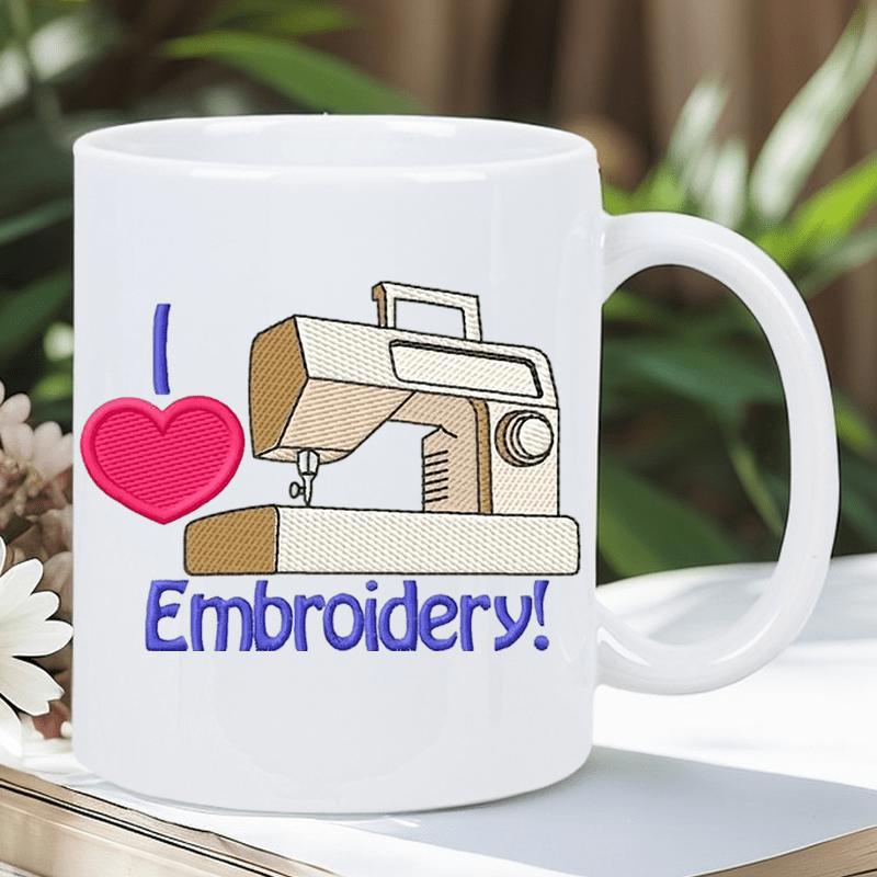 Tailorly White Ceramic 11 oz Mug - I Love Embroidery Classic Vintage Style Machine Featuring Pink Heart Symbol And Bold Script Sewing Machine