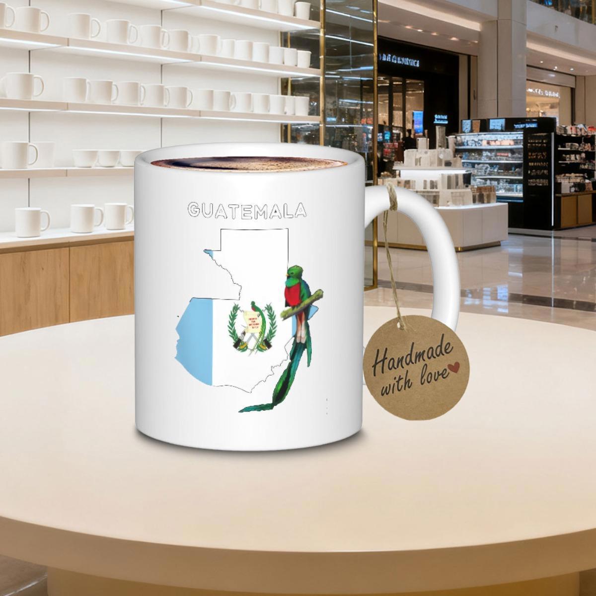 Tailorly White Ceramic 11 oz Mug - Guatemala Handmade With Love Colorful Resplendent Quetzal Perched Beside National Flag Map Outline Mug