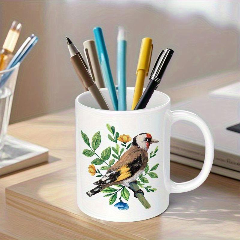 Tailorly White Ceramic 11 oz Mug - Beautiful Singing Goldfinch Perching On Branch With Green Leaves And Flowers Bird