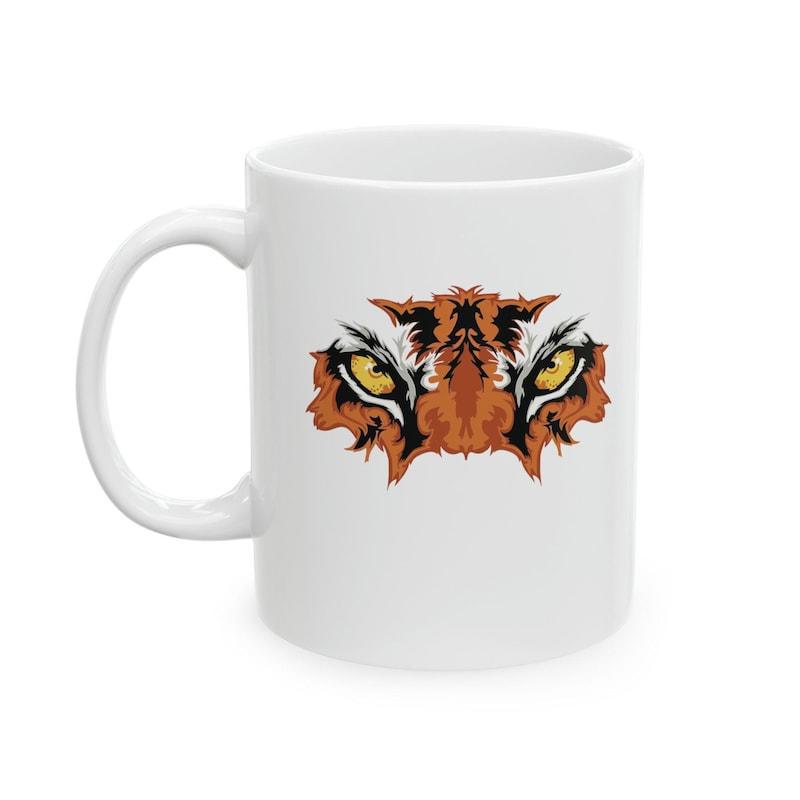 Tailorly White Ceramic 11 oz Mug - Fierce Yellow Eyes Glowing Amidst Vibrant Orange And Black Furry Pattern Tiger